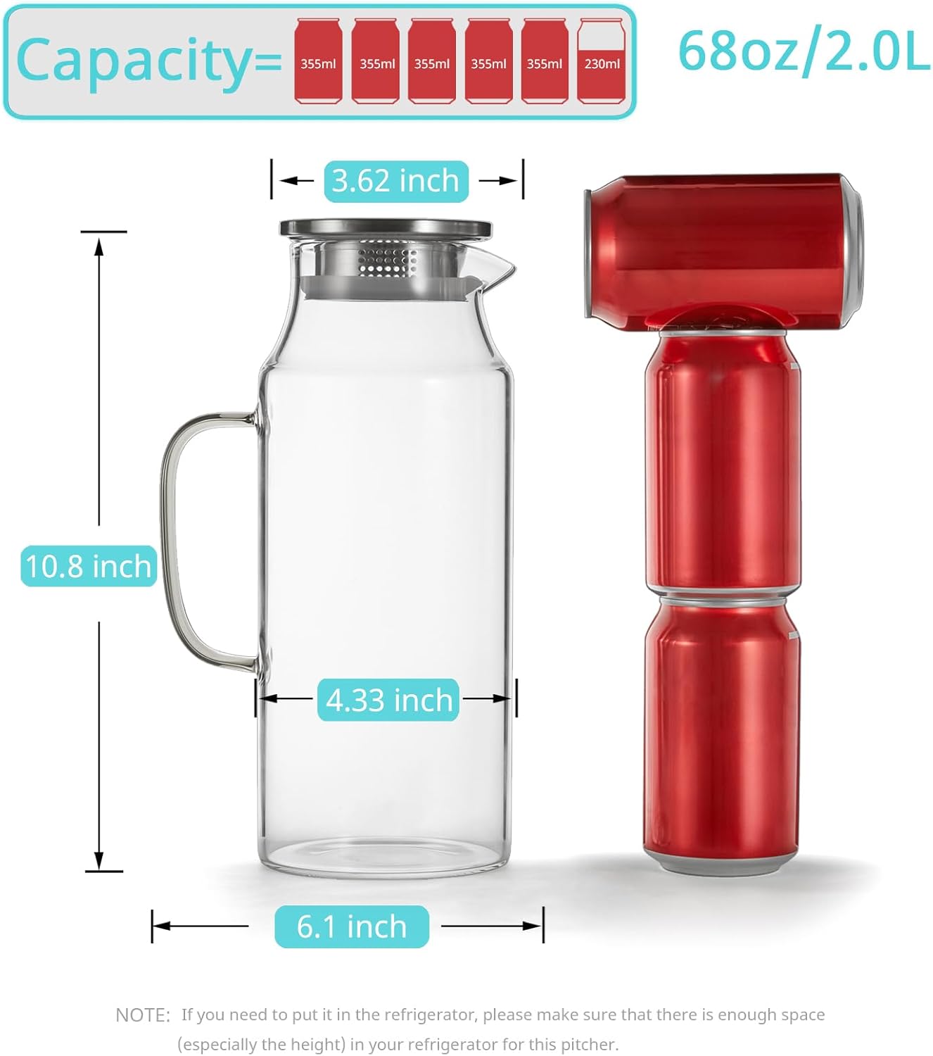 2 68 oz Bivvclaz Liter Glass Pitcher with Lid and Handle, Glass Carafe for Hot/Cold Water, Large Iced Tea Pitcher