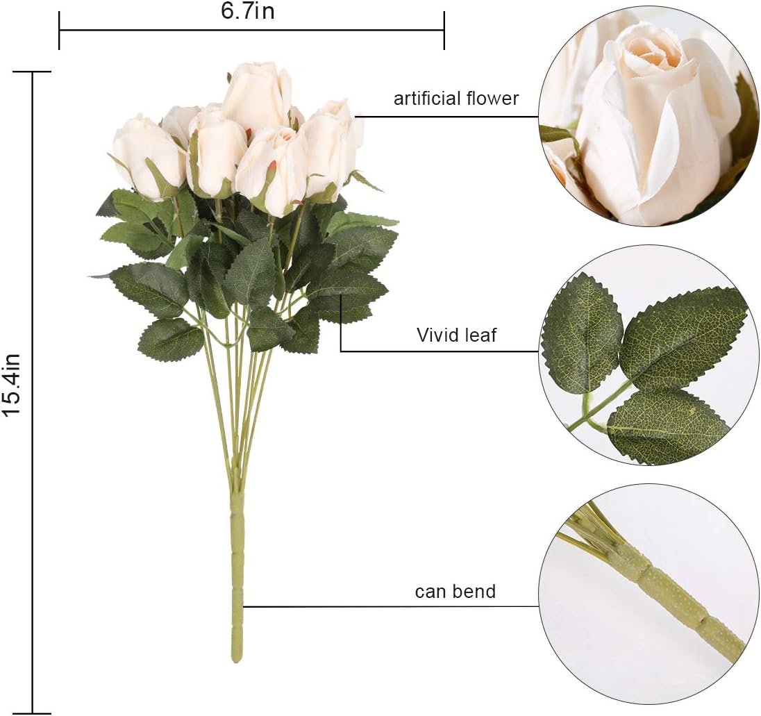 Hawesome 3 Bunches Artificial Silk Roses Buds Realistic Bouquet Arrangement for Wedding Party Centerpieces (Champagne)