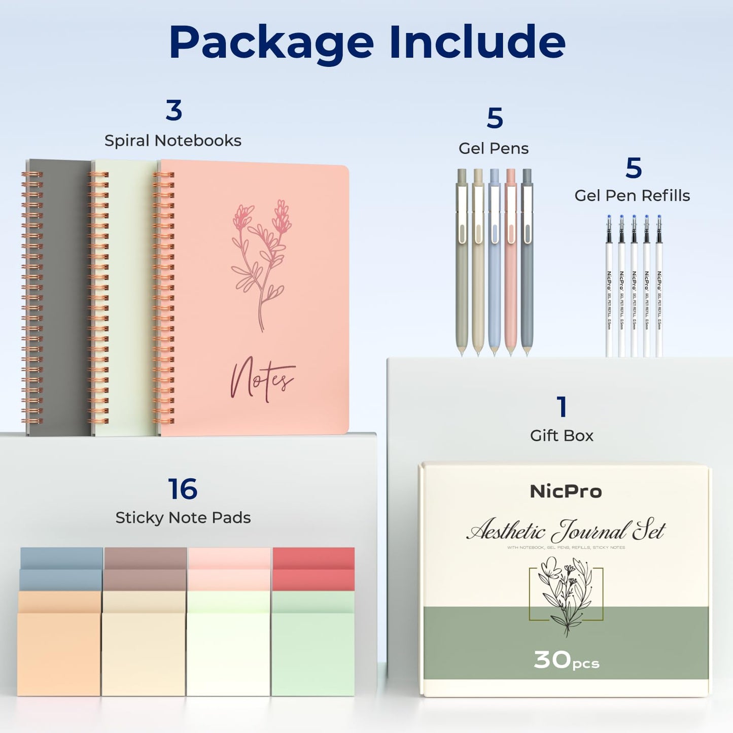Nicpro Cute Spiral Notebook Stationary Set For Women, Bible Journal Set, 3PCS A5 Spiral Notebook, 5 Gel Pens, 5 Refills, 800 Sticky Notes, Gift Box, Aesthetic Gift Set for Study Office School Supplies