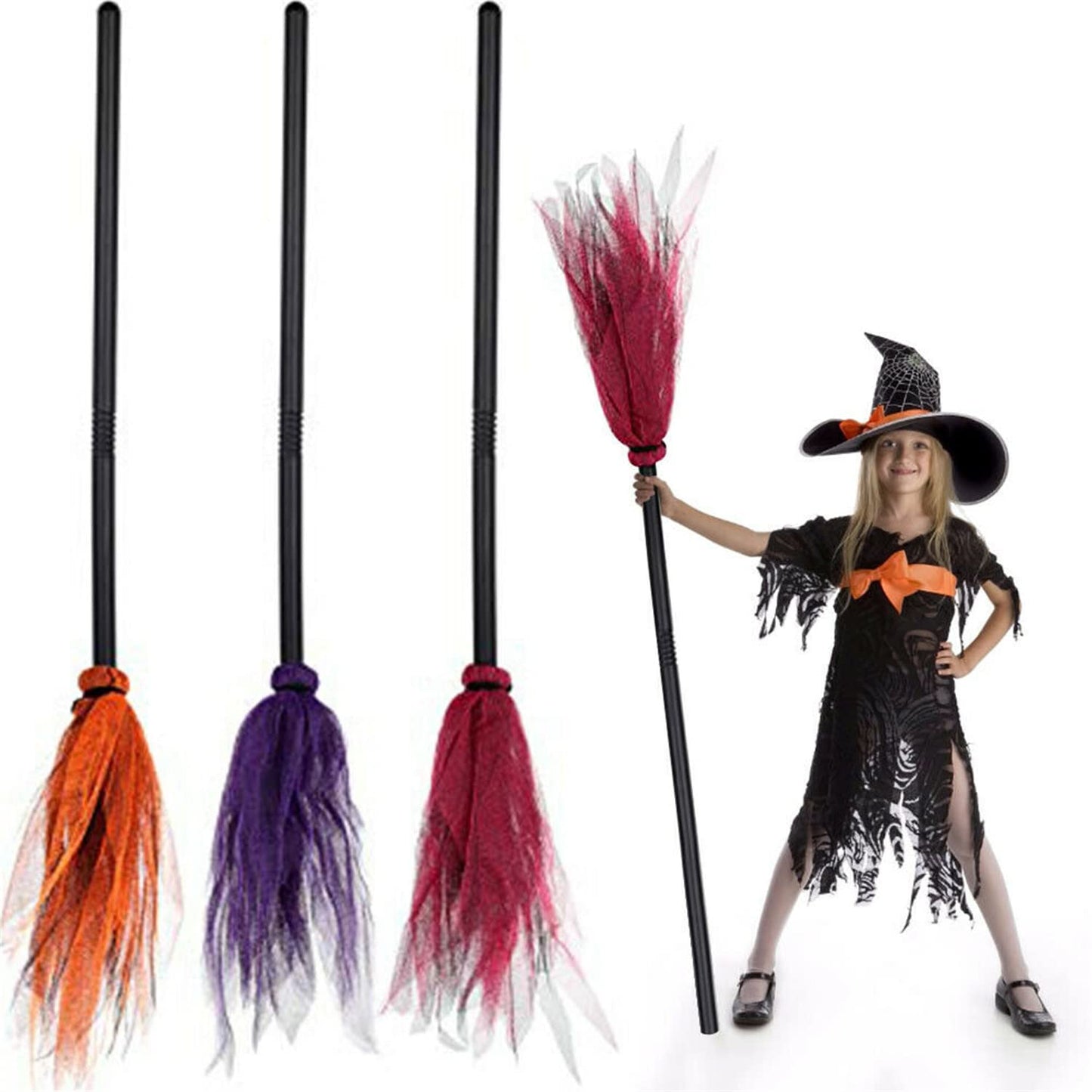 Purple Witch Broom Set, Plastic Broom Props for Kids, Halloween Costume Decor & Show, Cosplay & Party Accessory