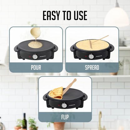 OVENTE 12-Inch Electric Crepe Maker & Griddle – Nonstick Hot Plate with Adjustable Temperature, LED Indicator, Batter Spreader & Spatula, Black CRM1122B
