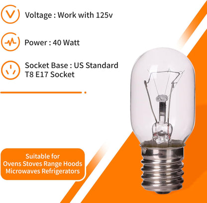 6 Pack Microwave Light Bulb 40 Watt 120V T8 Replacement E17 Standard Base Bulbs for Oven Stove Refrigerator