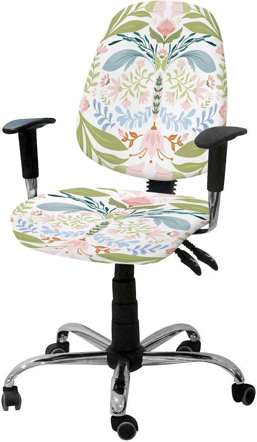 Green Blue Pink Floral Office Chair Cover, Stretchable Computer Chair Seat Cover, Backrest Slipcovers, Rustic Ethnic