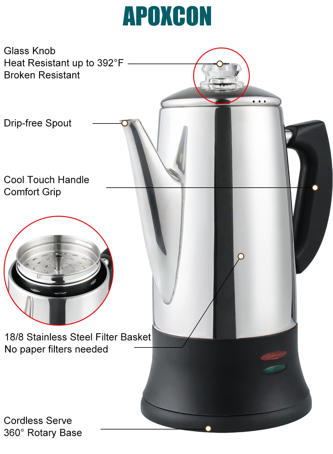 APOXCON Electric Coffee Percolator Stainless Steel Coffee Maker with Two Heat Resistant Tough Glass Clear Brew Progress Knob Classic Look Keep Warm & Cordless Serving Coffee Pot 12 Cup