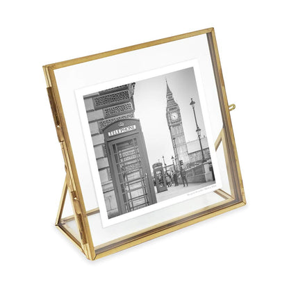 Isaac Jacobs 4x4, Antique Gold, Vintage Style Brass and Glass, Floating Photo Frame, Metal, with Locket Closure and Angled Base, for Pictures, Art, Mementos, Keepsakes (4x4, Antique Gold)