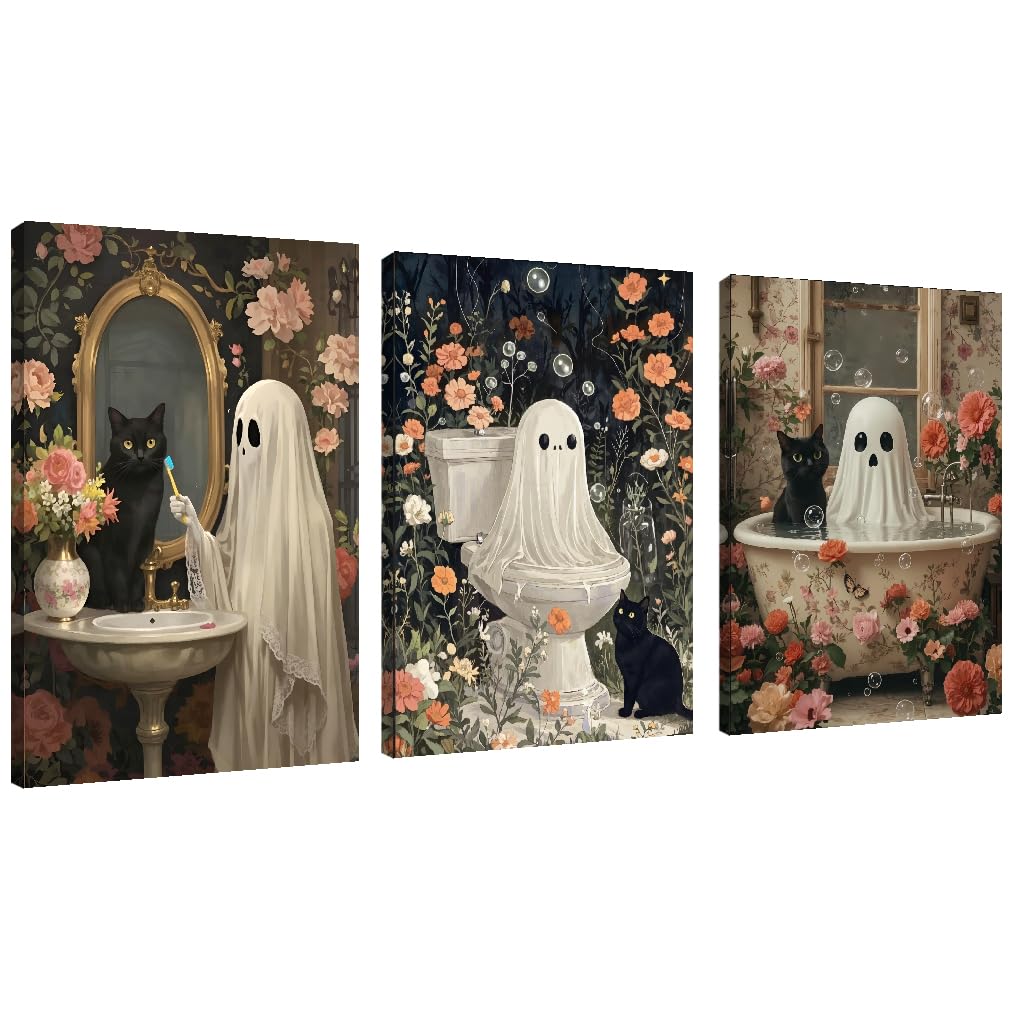 Mrnsiet 3 Pack Ghost Paint by Numbers Kit for Adults, Halloween Ghost Adult Paint by Number Kits on Canvas, Acrylic Bathroom Easy Paint by Numbers for Gift Home Decor 12x16 Inch
