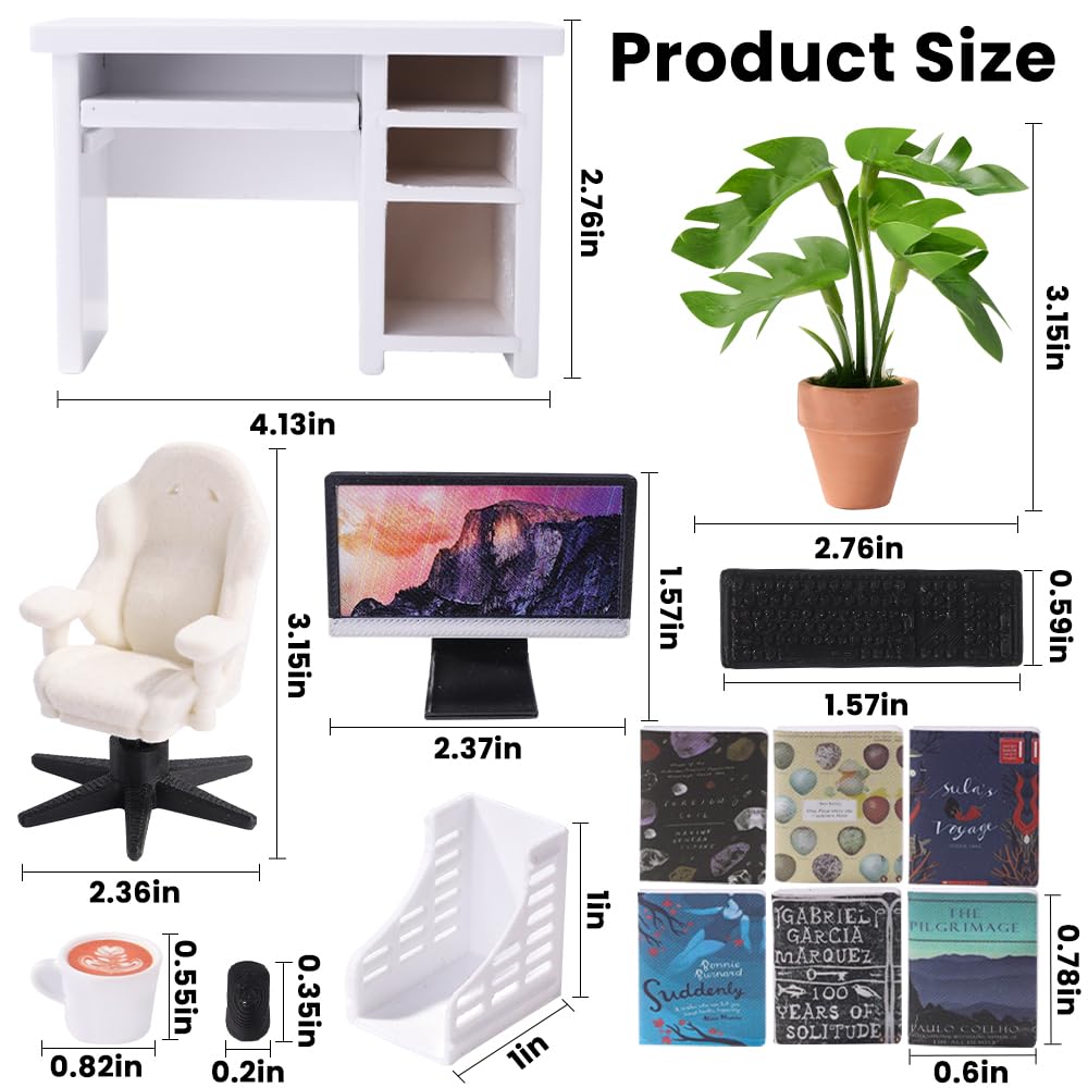 DIYDEC 1:12 Scale Miniatures Office Desk Set 14pcs Dollhouse Office Including Mini Computers Desks Office Chair Keyboard Mouse Folder Books Potted Plants for Tiny Stuff Dollhouse Figurines