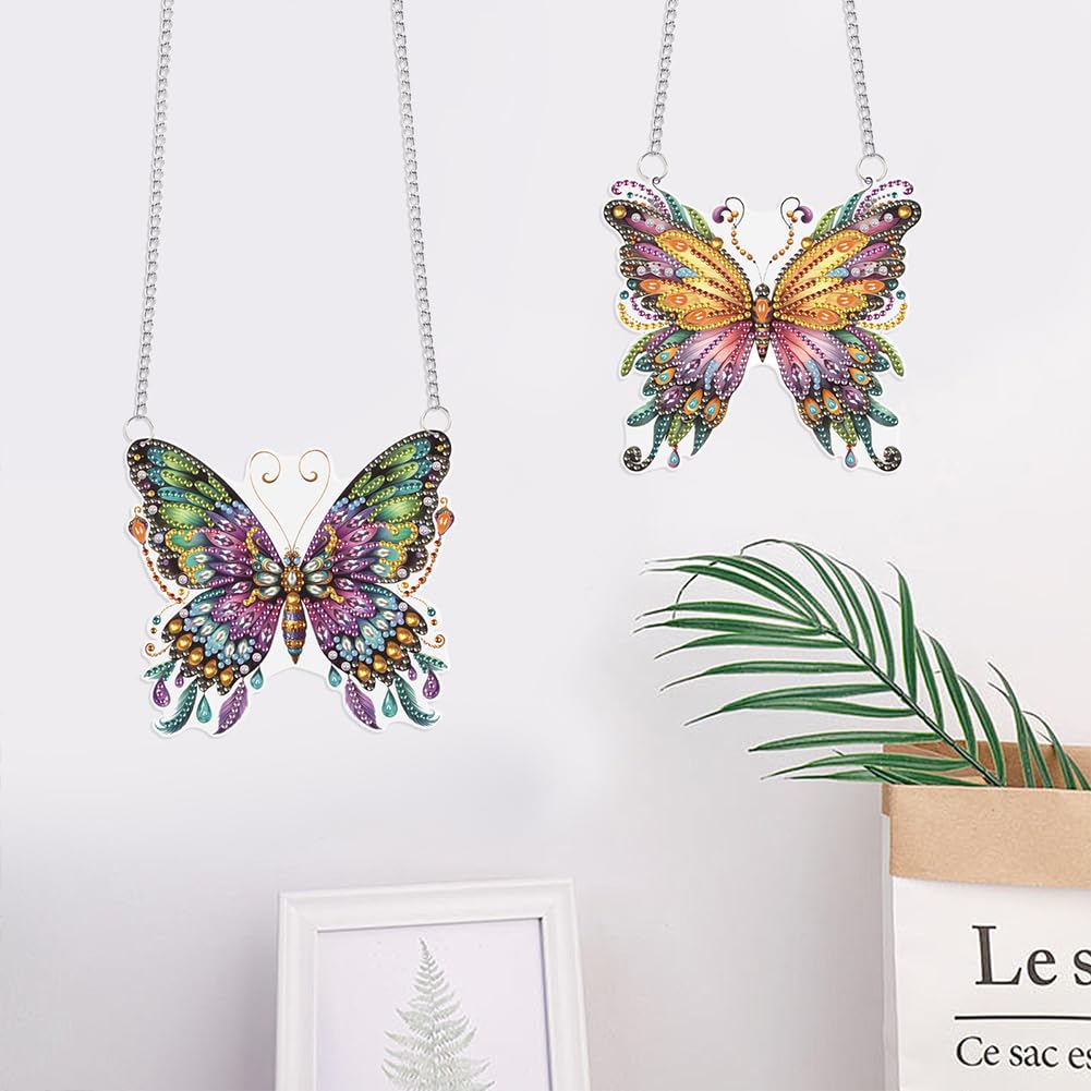 POETRYDRAW 2 Pcs DIY Hanging Diamond Art Pendant Kit Butterfly, Special Crystal Acrylic Diamonds Painting Ornament for Adults, 5D Diamond Art Suncatchers Gem Painting Box Kit
