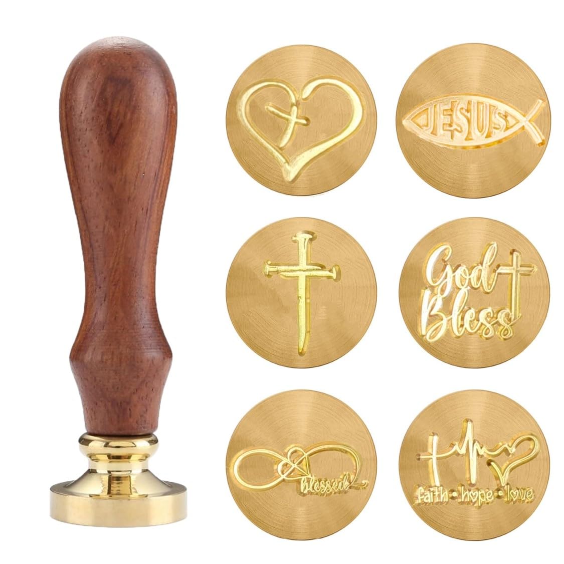 Christian Wax Seal Stamp Kit with 6 Brass Heads + Handle & Gift Box – Cross, Jesus Fish, Faith Hope Love – Religious Symbols for Envelopes, Letters, Bible Journaling (Christian Wax Seal Stamp Set)