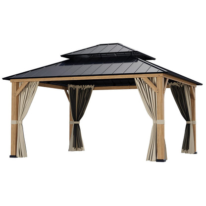 INTER HUT 13x15 Hardtop Gazebo with Netting and Curtains, Galvanized Steel Double Roof Outdoor Pavilion with Cedar Wood Frame, Patio Gazebo for Deck, Garden, Lawn, Natural Wood/Black