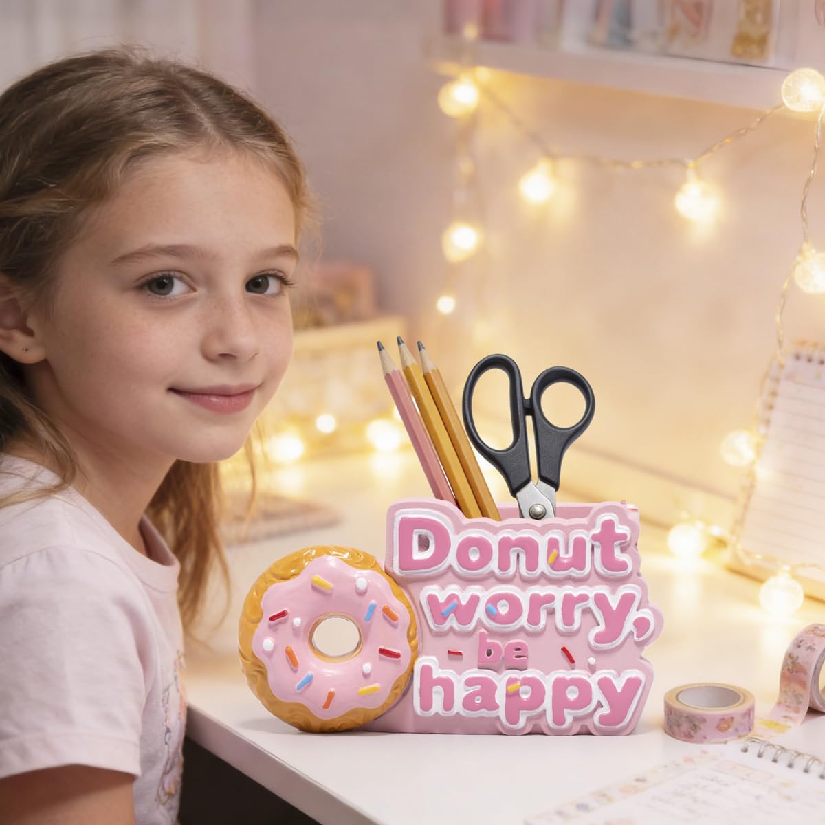 ZAWUU Donut Shaped Organizer - Cute Pink Resin Donut Worry, Be Happy Multi-Use Holder for Pens, Makeup Brushes, Utensils, and More – Perfect Desk or Kitchen Accessory Gift