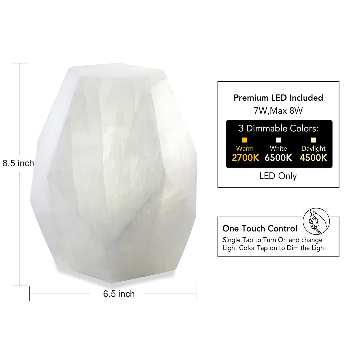 Artsolute Handcrafted Solid Stone Lamp Carved from Natural Calcite, Unique Crystal Texture, Dimmable Small Table Lamp for Bedside, Accent, Pentagon White