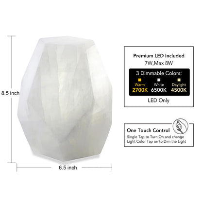 Artsolute Handcrafted Solid Stone Lamp Carved from Natural Calcite, Unique Crystal Texture, Dimmable Small Table Lamp for Bedside, Accent, Pentagon White