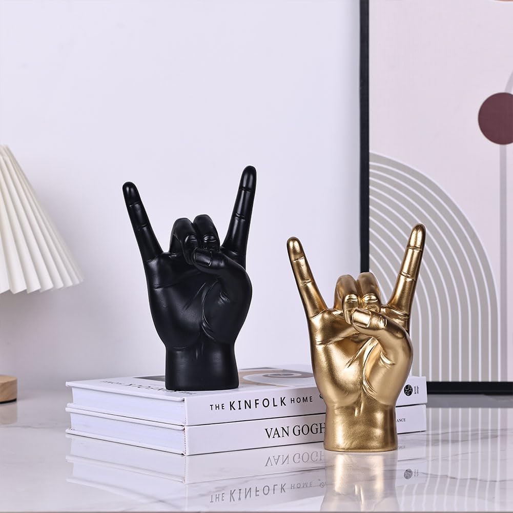 7.7" QIANLING Gold Resin Rock On Hand Gesture Statue - Rock Culture Music Lovers' Decorative Tabletop Sculpture