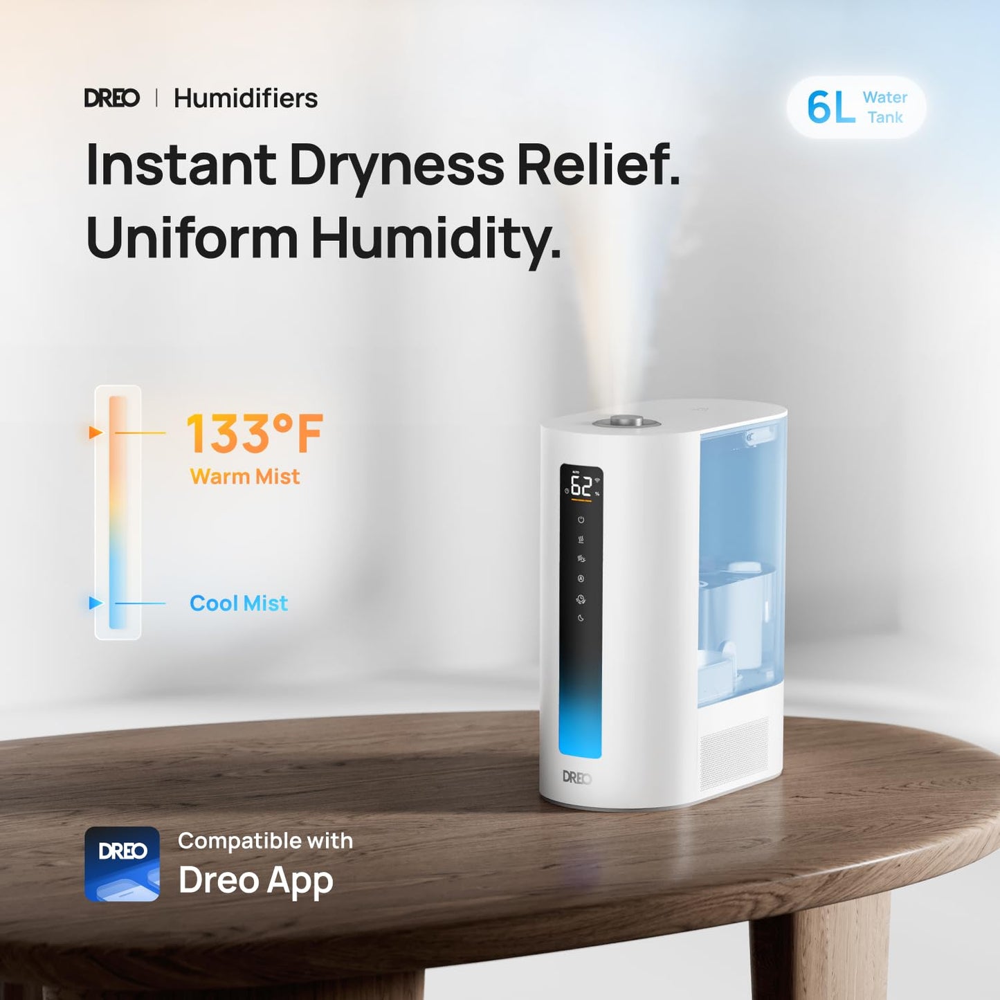 Dreo 6L Humidifiers for Bedroom, Smart Warm & Cool Mist for Large Room, 60Hr Quiet Runtime for Baby, Plant, Humidity Sensor, Indicator Light, 12H Timer, Google/Alexa, HM713S