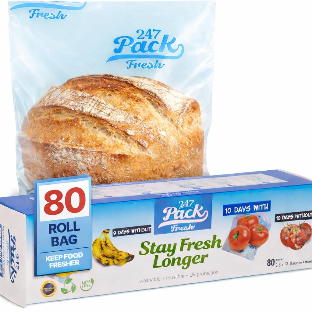 Freshpack 247 Produce Storage Bags Roll 10 x 14 Inches 1 Gallon 80 Pack Tear Off Reusable Food Storage Bags With Zipper, Bread Keeper Bag For Fruits Vegetables Meal Prep Pantry Use