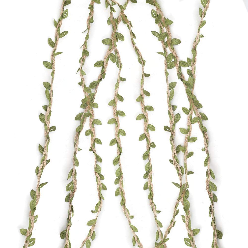 Tenn Well Burlap Leaf Ribbon, 132Feet 5mm Jute Twine Vine with Artificial Leaves for Crafts, Wedding, Jungle Party Decor (2PCS x 66Feet)