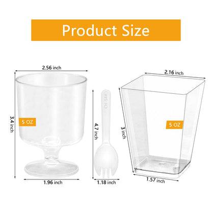 SIJDIEE 120 Pcs Plastic Dessert Cups with Spoons, 5 OZ Mini Clear Plastic Dessert Parfait Cup, Reusable Square Dessert Shot Glasses and Round Goblet for Party Ice Cream Cake Yogurt Fruit Pudding