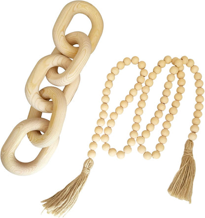 2 5 Pieces Decorative Link Wooden Chain Decor and Bead Boho Farmhouse Rustic Home Table Decor Coffee Table Shelf