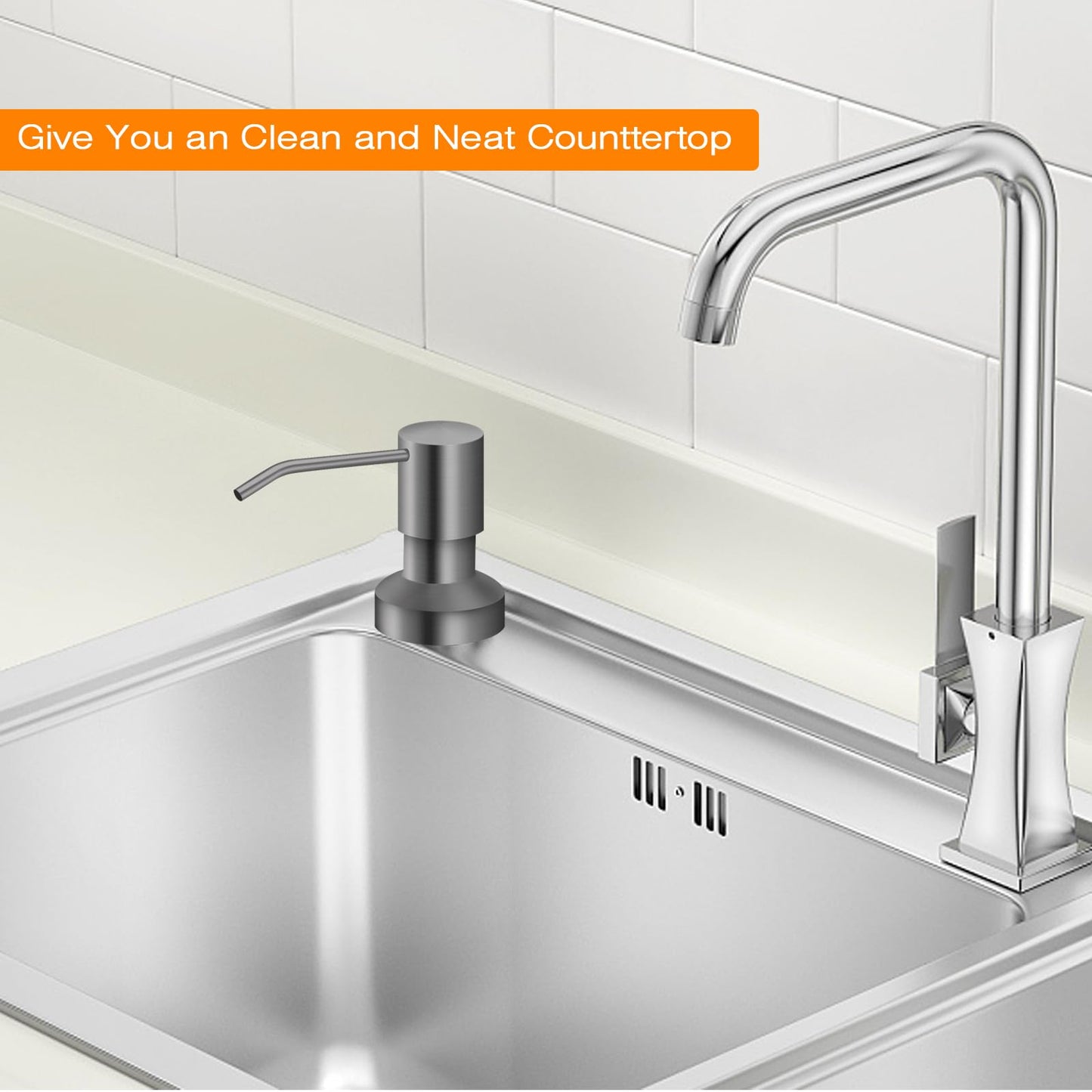 Sink Soap Dispenser for Kitchen Sink, Countertop Built in Sink Soap Dispenser with 47” Extension Tube kit, No Need to Fill The Little Bottle Again (Gray)