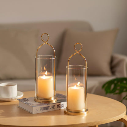 Walasis Gold Candle Sconces Wall Decor: Set of 2 Wall Candle Holder for Pillar Candles - Modern Metal Hurricane Lantern Decoration for Indoor Porch Fireplace Bathroom Living Room