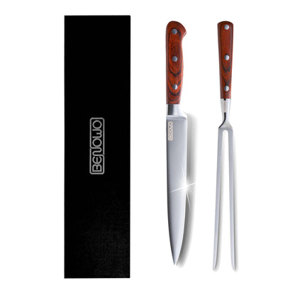Benowo Carving Knife Set 2-Piece, 8-inch Turkey Carving Knife and Fork Set Stainless Steel Kitchen Knife for Steak, Hibachi Knife and Fork, BBQ Carving Fork with Gift Box – Designed in USA
