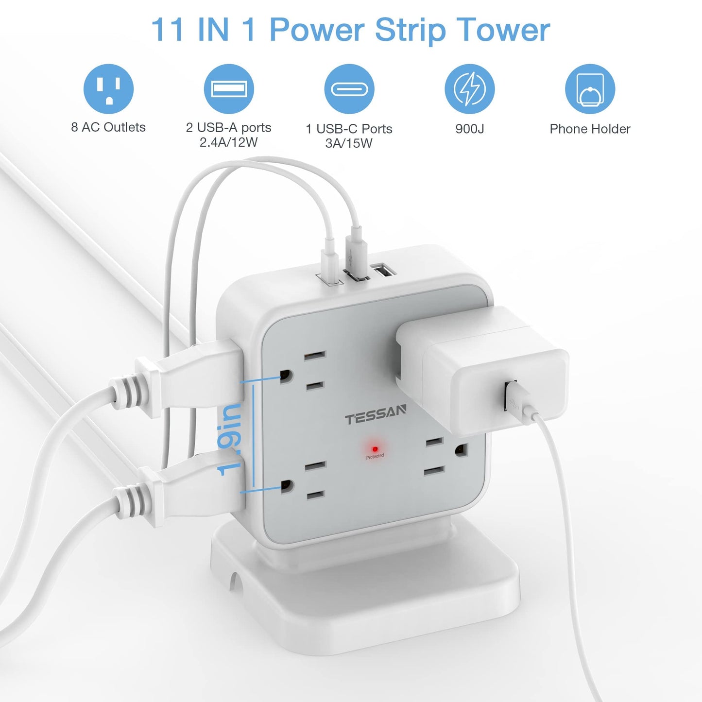 TESSAN Surge Protector Power Strip, 5 Ft Flat Plug Extension Cord with 3 USB (1 USB C) 8 Outlets, 900J Surge Protection, 3 Sided Outlet Extender with Power Switch for Office, Dorm Room Essentials