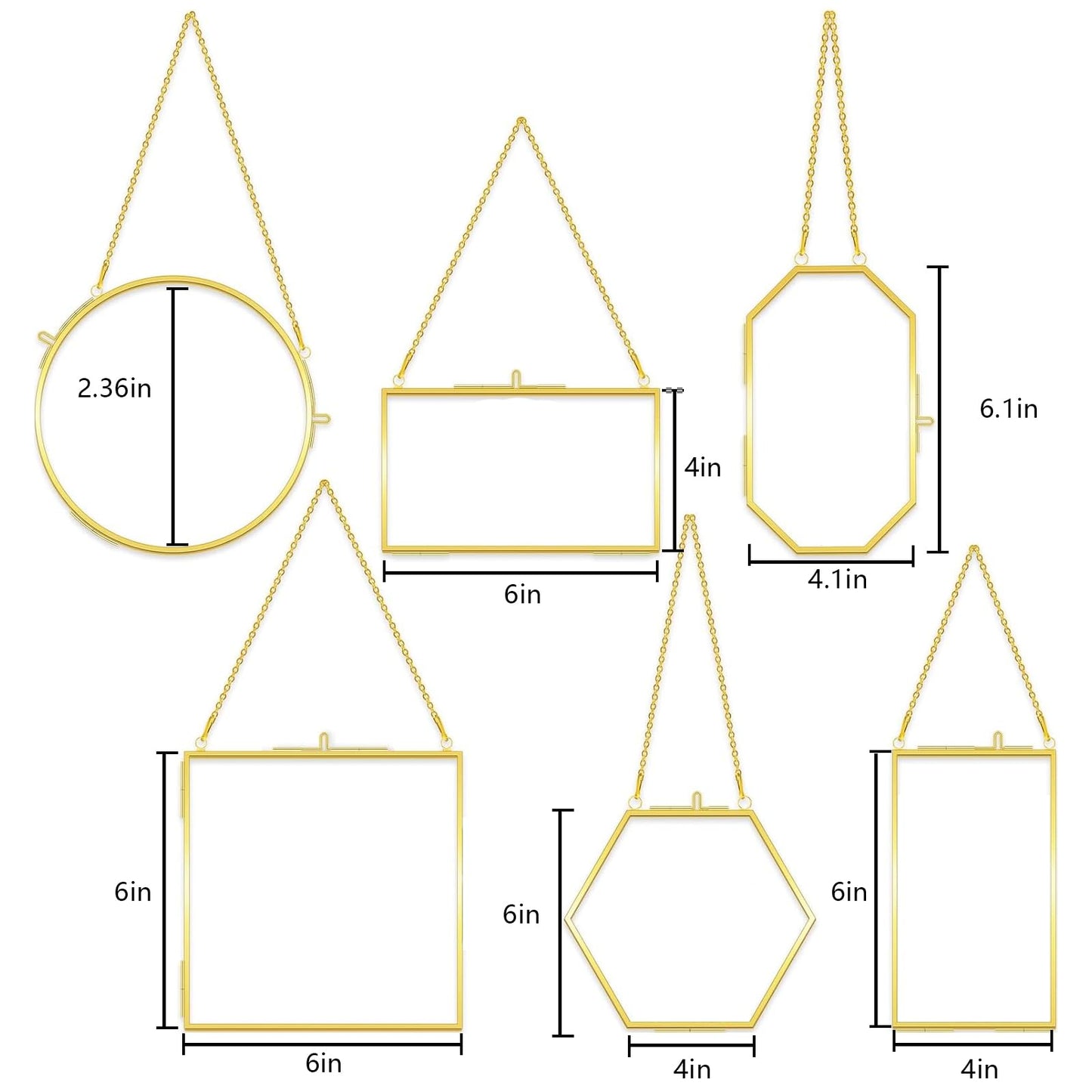 Voittozege 6 Pcs Double Glass Frame for Pressed Flowers, 6 Different Golden Hanging Glass Picture Frames with Chain Gold Floating Frames Artwork Display for Gallery Wall Decor Dried Plant Leaf