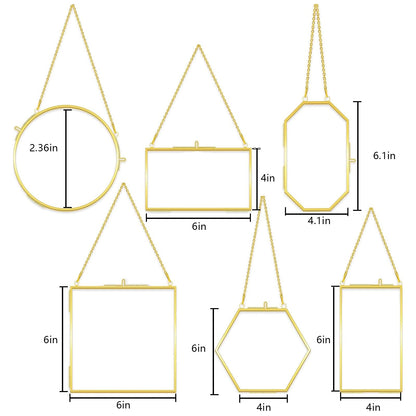 Voittozege 6 Pcs Double Glass Frame for Pressed Flowers, 6 Different Golden Hanging Glass Picture Frames with Chain Gold Floating Frames Artwork Display for Gallery Wall Decor Dried Plant Leaf