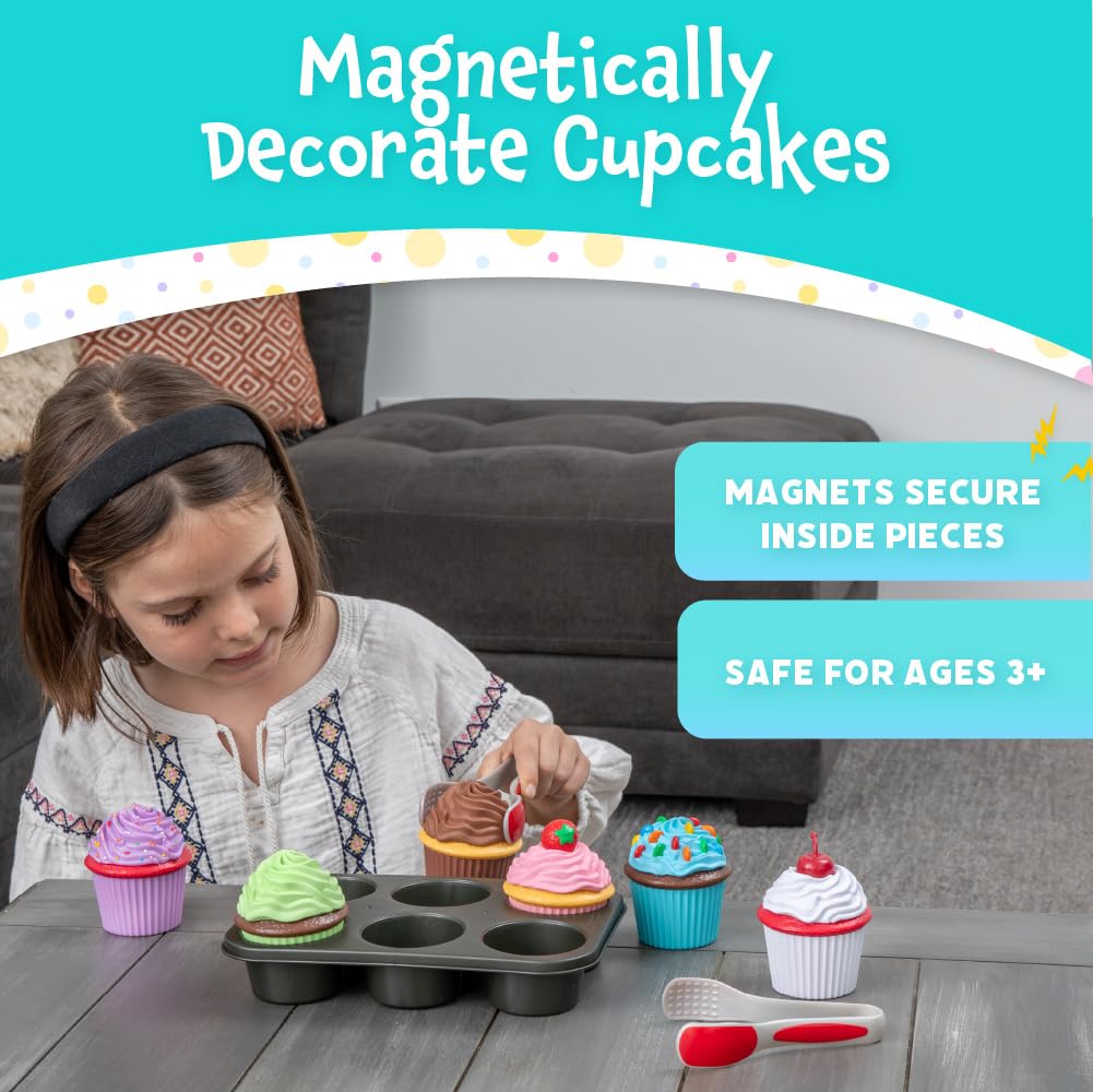 Popular Playthings Magnetic Bake & Play Cupcakes Toy Set, Pretend Cupcake Kitchen Kit for Kids, Gifts for Toddler Girls - 20 Pieces