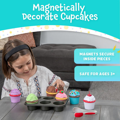 Popular Playthings Magnetic Bake & Play Cupcakes Toy Set, Pretend Cupcake Kitchen Kit for Kids, Gifts for Toddler Girls - 20 Pieces
