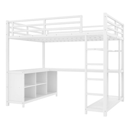 Bellemave Full Size Loft Bed with Desk & Wardrobe, All-in-One Metal Loft Beds Frame with Storage, Space Saving Loft Bed Full Size for Teen, Adult, Apartment, Dorm, White