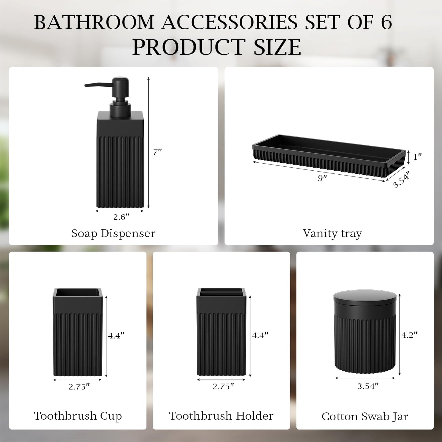 InnJoey 6-Piece Black Bathroom Set - Sleek Resin Organizer with Soap Dispenser, Toothbrush Holder, Vanity Tray, Tumbler & Apothecary Jars for Small Spaces