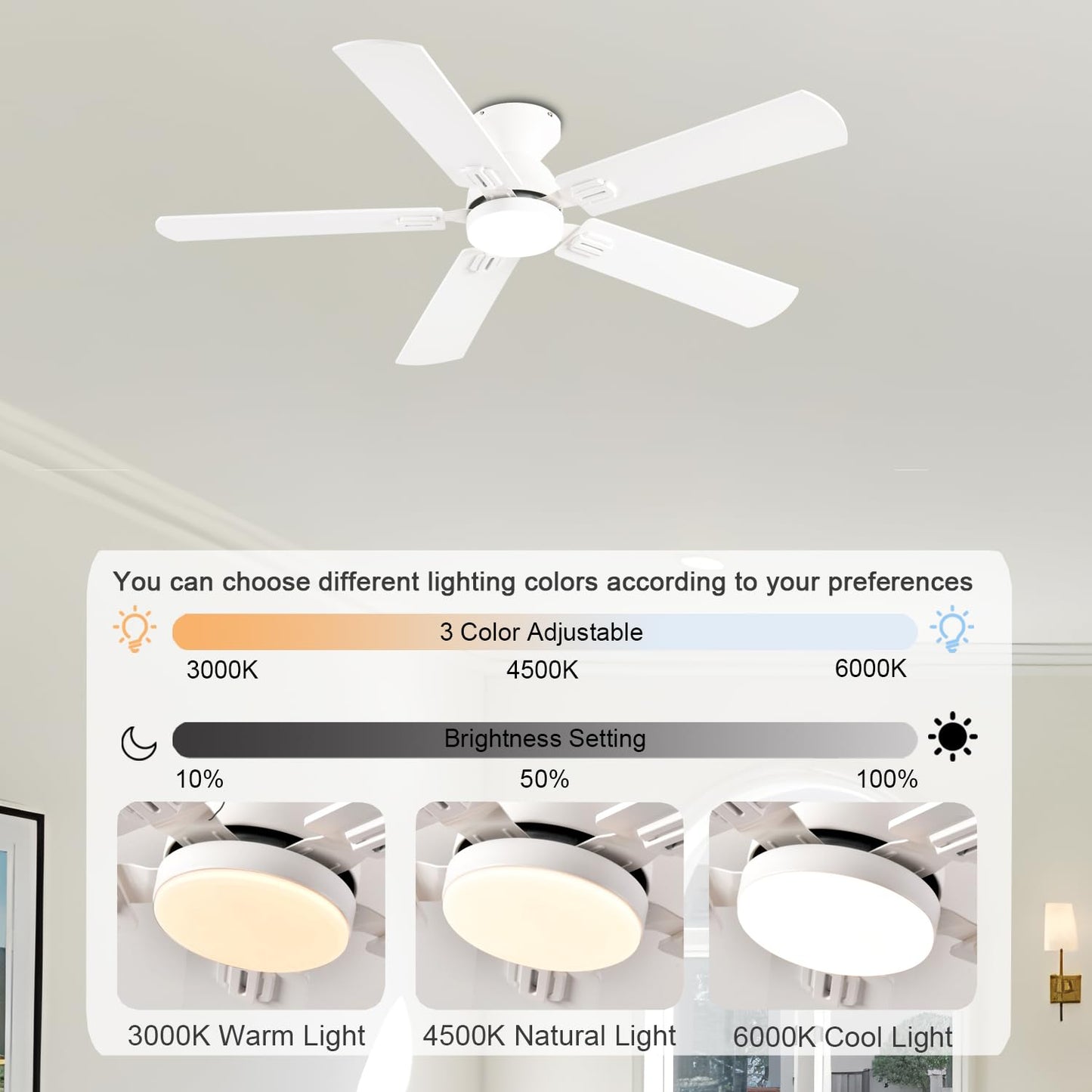 GJeg Ceiling Fans with Lights, 52 Inch Low Profile Ceiling Fan with Light and Remote, Flush Mount Ceiling Fan, 3CCT, Dimmable, Noiseless, Ceiling Light Fan for Bedroom, Indoor/Outdoor Use,White