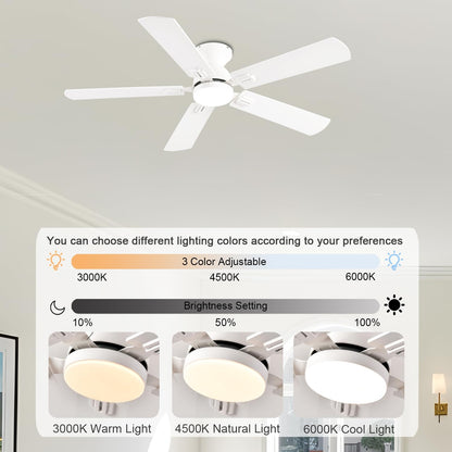 GJeg Ceiling Fans with Lights, 52 Inch Low Profile Ceiling Fan with Light and Remote, Flush Mount Ceiling Fan, 3CCT, Dimmable, Noiseless, Ceiling Light Fan for Bedroom, Indoor/Outdoor Use,White