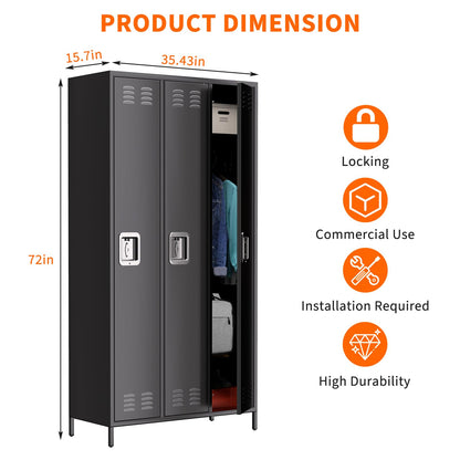 GarveeTech Metal Storage Locker with 3 Doors, Metal Locker for Employees with 9 Hooks for Garage School Office Gym Home, Assembly Required, Black
