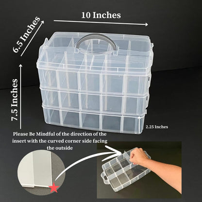 Evelots Storage Container Box, 3 Tier Stackable Snap-On Trays 30 Compartments with Adjustable Dividers for Arts & Crafts Storage, Jewelry Bead Organizers, Toys or Beauty & Sewing Supplies - Clear