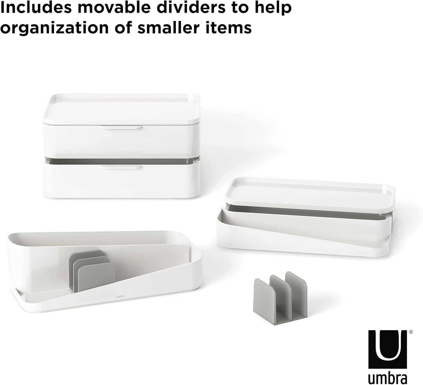 Umbra Glam Organizer, Large Makeup Organizer with Three Drawers, Rubber Feet and Removable Dividers, White/Grey