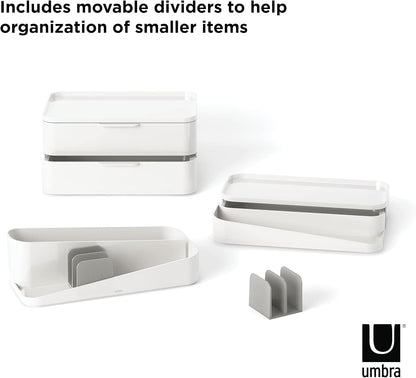 Umbra Glam Organizer, Large Makeup Organizer with Three Drawers, Rubber Feet and Removable Dividers, White/Grey