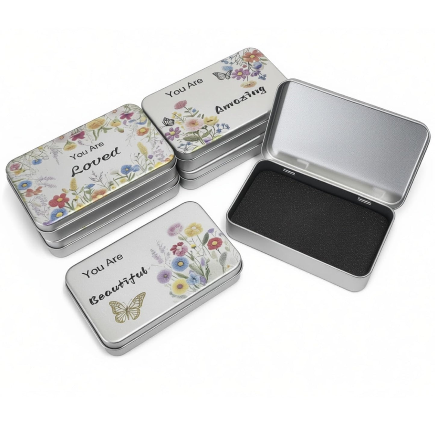 Goodma 6 Pack Rectangular Metal Tins Storage Organizer Gift Boxes with Inspirational Quotes & Flowers Image Pattern on the Lid, 5.9 x 3.5 x 1.2 inch (Silver)
