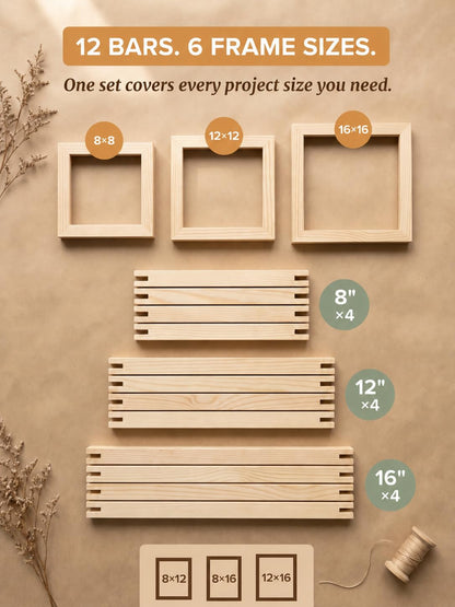 Needlepoint Stretcher Bars for Needlework, 12-Pack Pine Wood Frame Kit with 8/12/16 Inch Bars, 100 Tacks, Tack Puller and 14-Mesh Canvas for Stitching