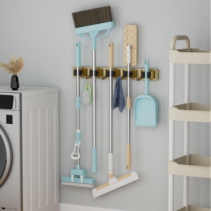 reliahom Broom Holder Wall Mount Mop and Broom Hanger Wall Mounted Garage Storage Rack Kitchen Garden Tool Organizer (4 Racks with 5 Hooks, Silver)