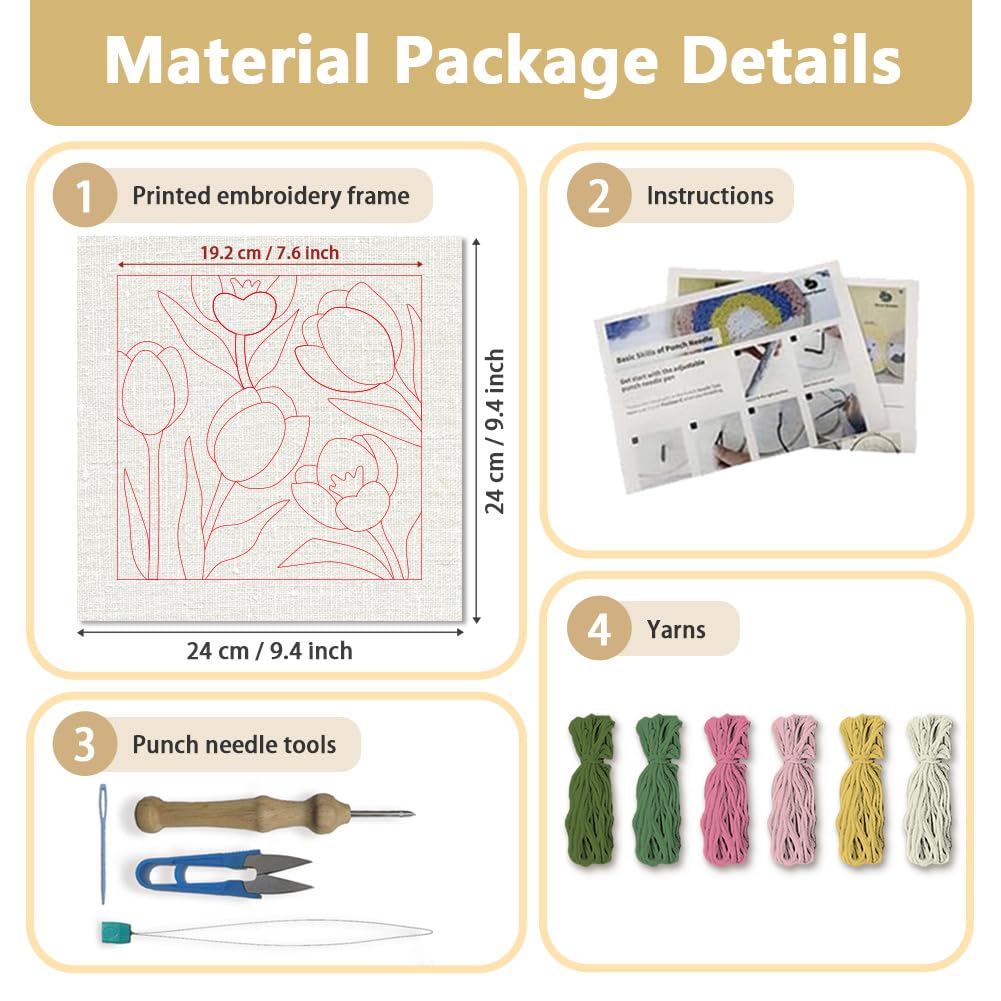 Doodlream Tulips DIY Punch Needle Embroidery Kit for Adult Beginner, 9.4" Flower Punch Stitching Craft Set for Starter with Frame, Fabric Pattern, Threader, Yarn, Pinch Needle
