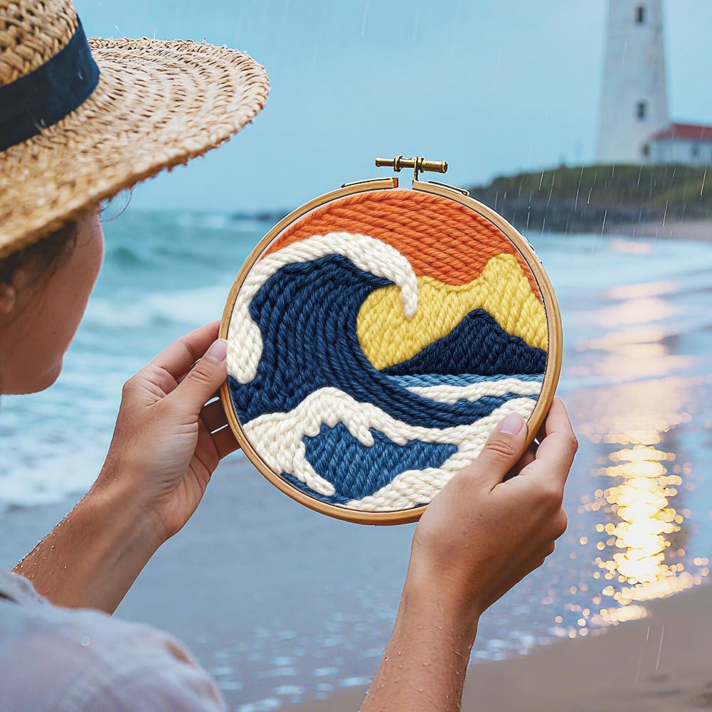 ORIGACH 2 Set Embroidery Punch Needle Kit for Adults Beginners DIY Kanagawa Wave Punch Stitching Kit for Art Crafts & Home Decor Easy Needle Punching Project with 7.9inch Hoop, Patterns, Yarns, Tools