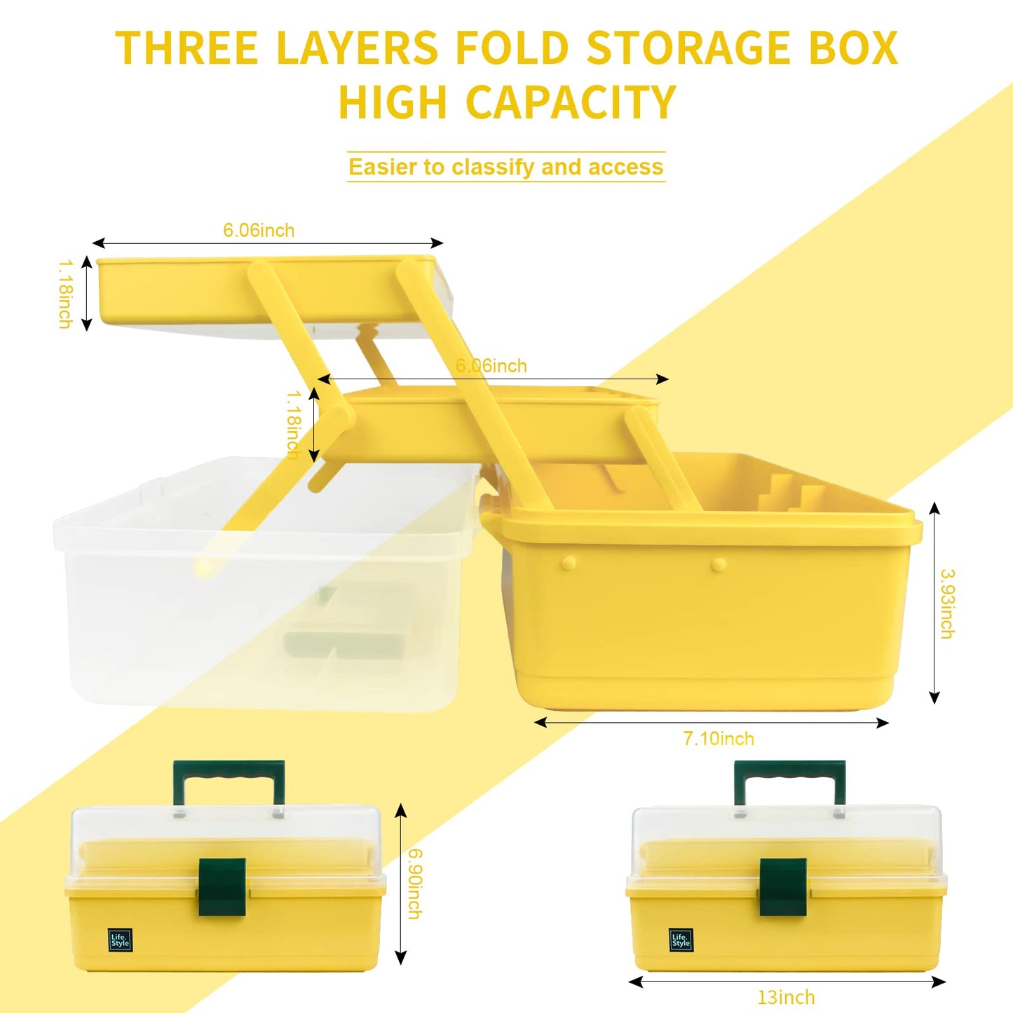 Creahaus 13 inch Art Craft Organizer Storage Box with 3 Layer, Multipurpose Plastic Tool Box with Handle for Sewing, Art Supply, Medicine, Nail, Hair Accessories (Yellow)