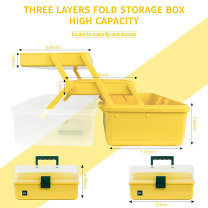Creahaus 13 inch Art Craft Organizer Storage Box with 3 Layer, Multipurpose Plastic Tool Box with Handle for Sewing, Art Supply, Medicine, Nail, Hair Accessories (Yellow)