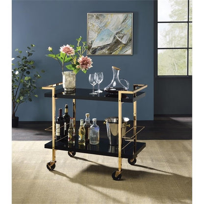 Pemberly Row Modern Serving Cart, Black Metal and Gold Frame, 32"W x 16"D x 30.5"H, 2-Tier Design, High-Sheen Laminate Surface, Locking Casters, Bottle Caddies, Bar and Cocktail Station for Parties