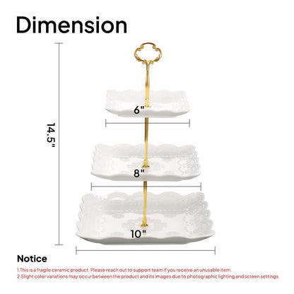 Sumerflos 3 Tier Porcelain Cupcake Stand, Tiered Serving Cake Stand, Square White Embossed Dessert Stand, Weddings Parties Pastry Serving Tray