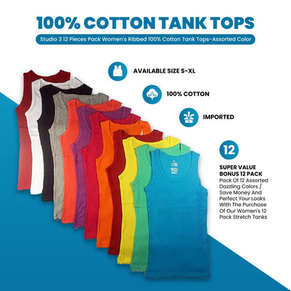 Studio 3 12 Pieces Pack Women's Ribbed 100% Cotton Tank Tops-Assorted Color, Muscle Tank Top, Large
