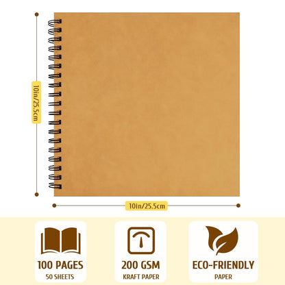 UPlama 10x10 Inch Scrapbook Album 100 Pages, Hardcover Kraft Photo DIY Memory Book with Spiral Binding for Wedding Anniversary Family Photos